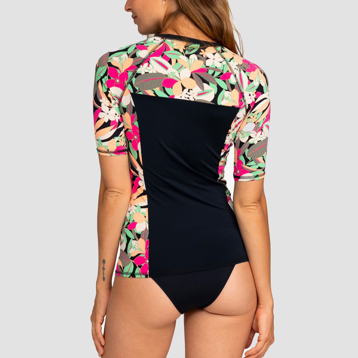 Roxy Lycra Printed Short Sleeve UPF 50 Rash Vest Anthracite Palm Song Swim - Womens