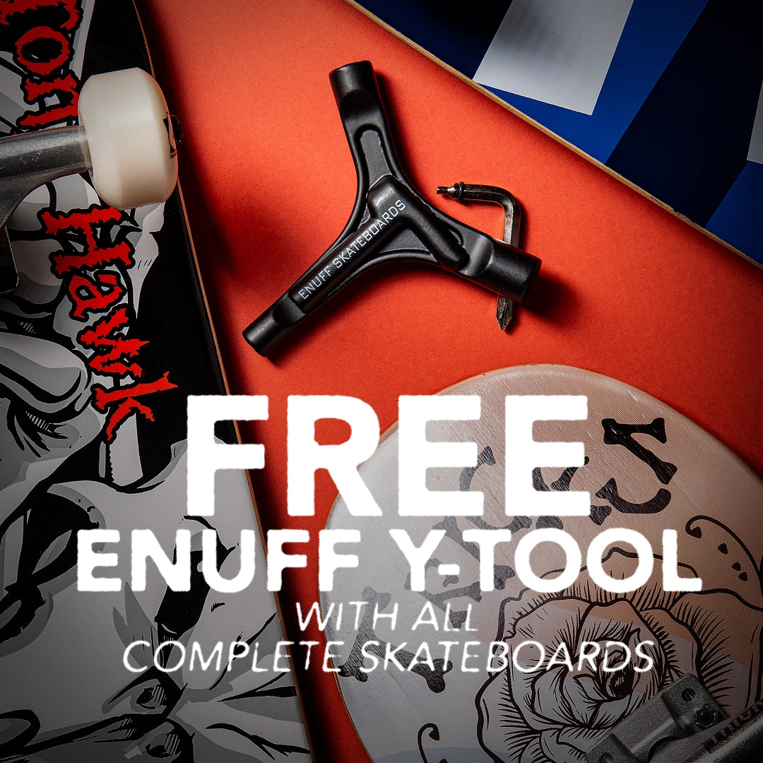 overlapping skateboards with promotional text for a free ENUFF Y-Tool offer.
