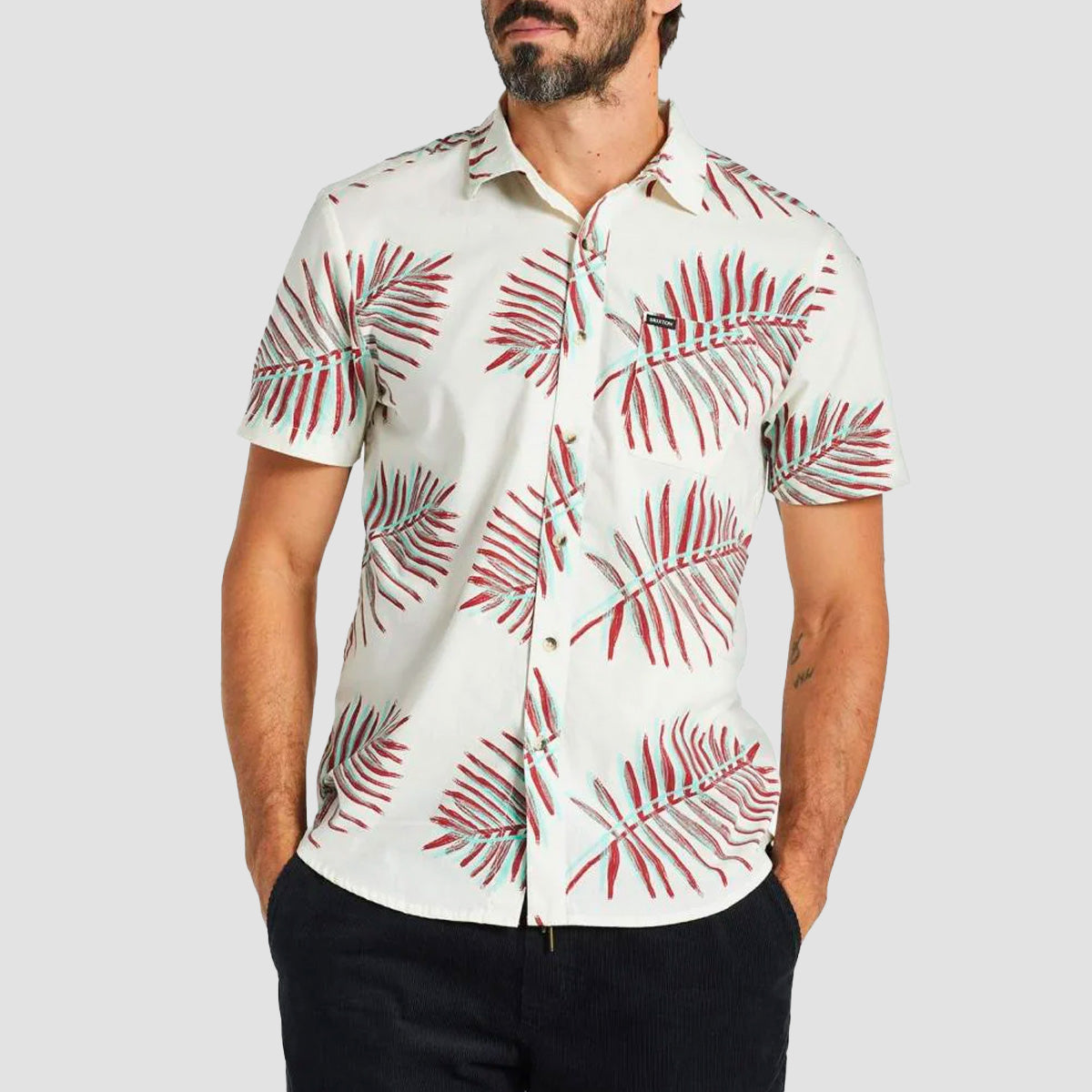 Brixton Charter Print Short Sleeve Shirt Off White/Palm Leaf