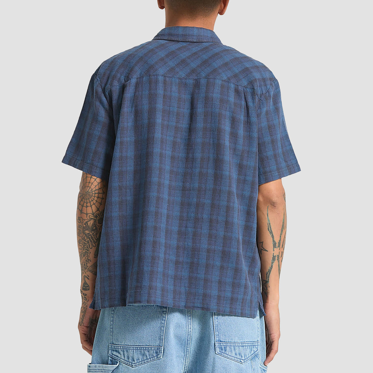Brixton Cru Linen Blend Plaid Short Sleeve Shirt Dark Blue/Black Plaid