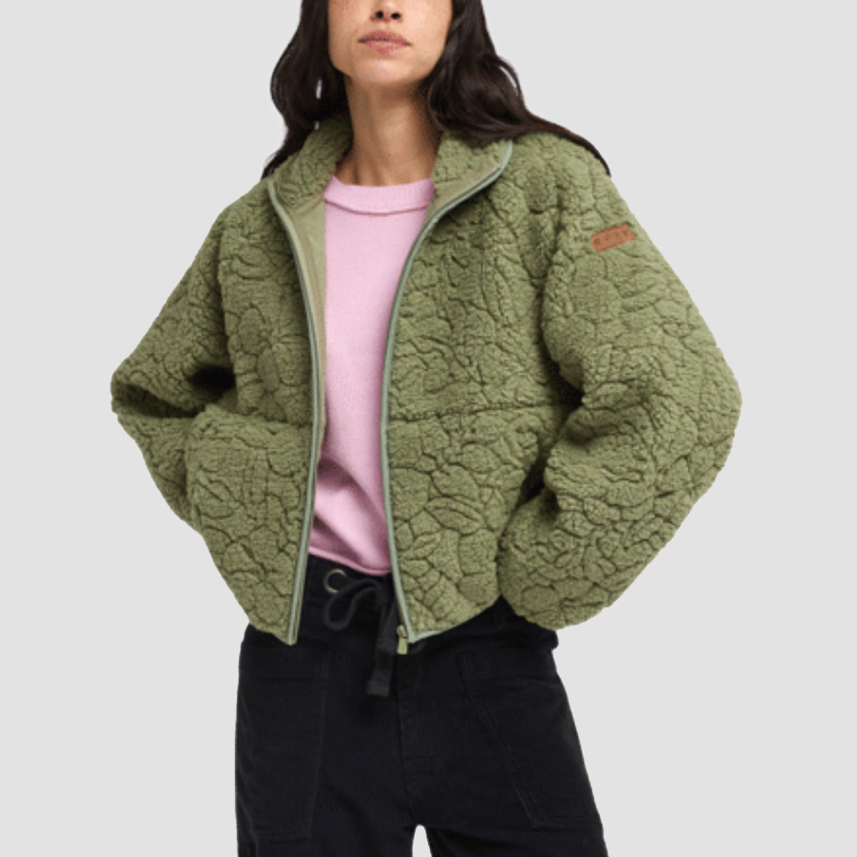 Roxy Blurry Cloud Sherpa Fleece Jacket Oil Green Outline Mo - Womens