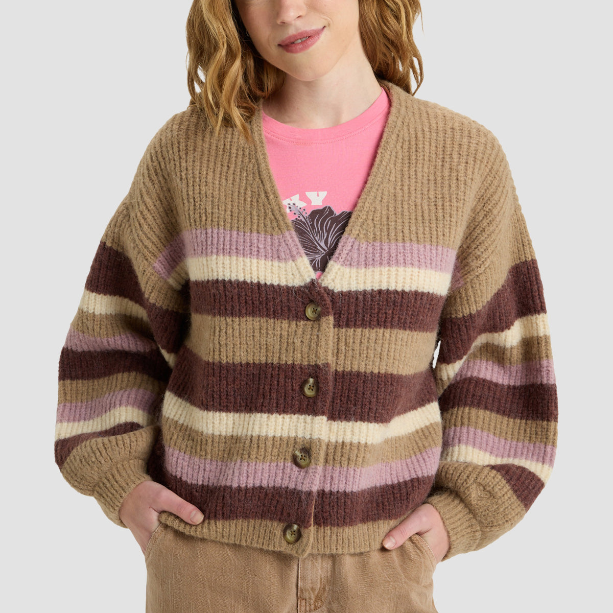 Roxy Marble Tiles Stripe Slouchy Cardigan Woodsmoke - Womens