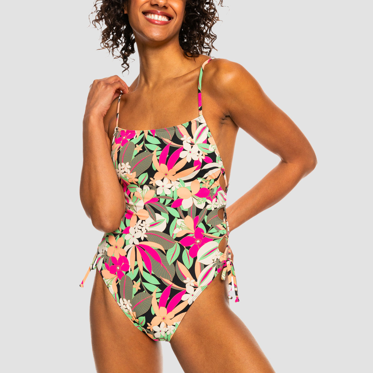 Roxy Printed Beach Classics Lace Up One Piece Swimsuit Anthracite Palm Song Swim Womens