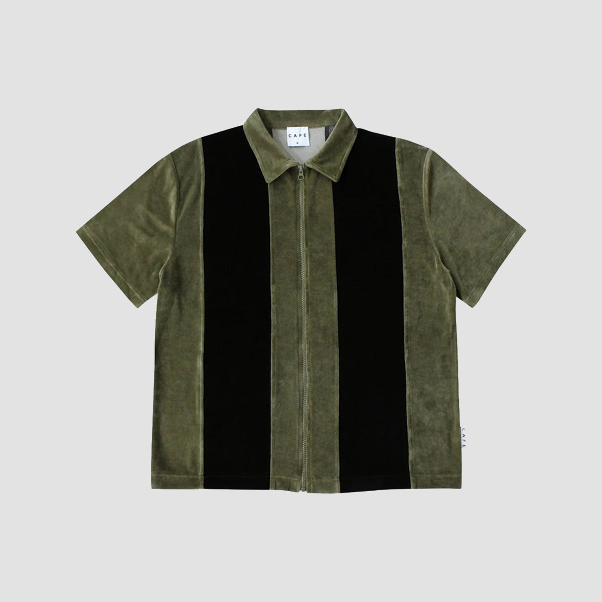 Skateboard Cafe Full Zip Velour Stripe Short Sleeve Shirt Olive/Black