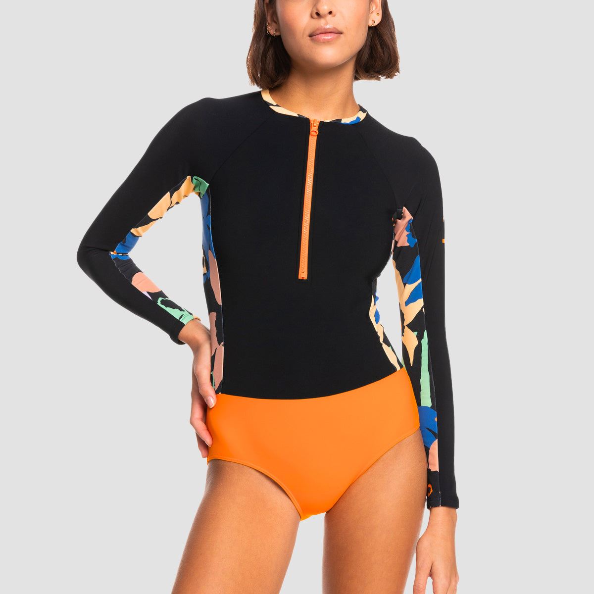 Roxy Heater One-Piece Swimsuit Rashguard Anthracite Flower Jammin - Womens