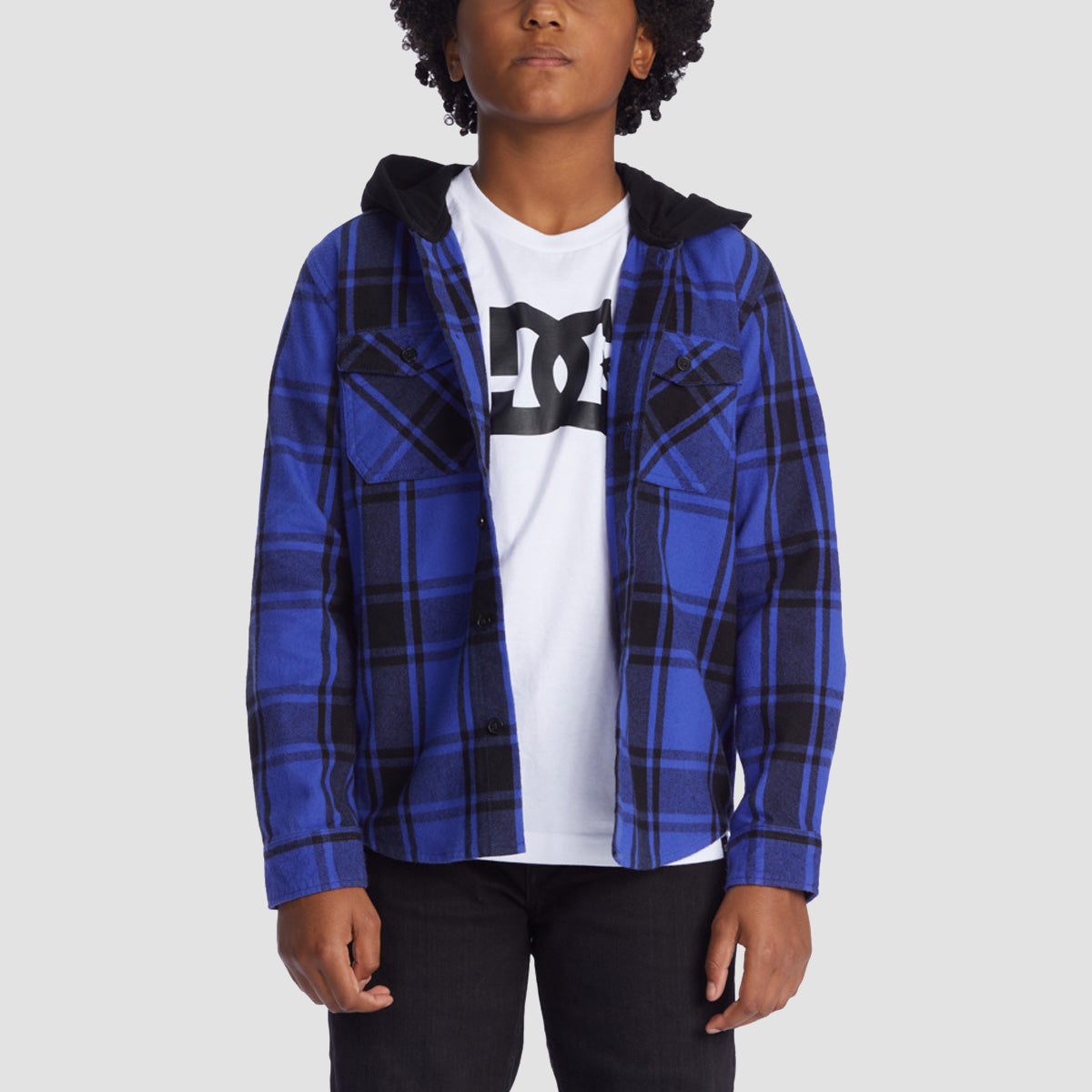 DC Ruckus Hooded Flannel Longsleeve Shirt Royal/Black Plaid - Kids