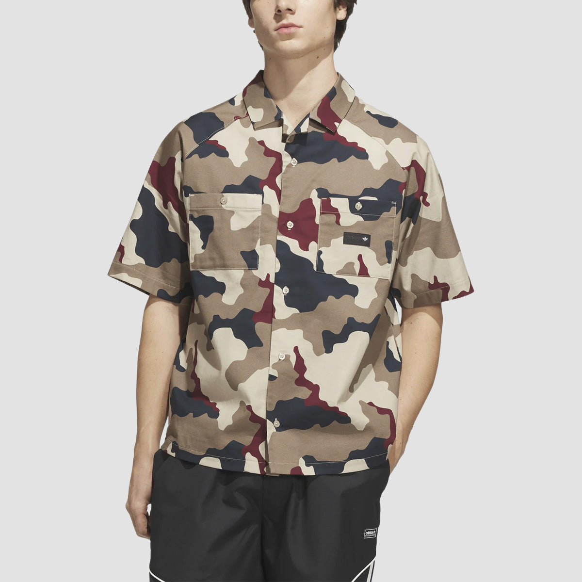 adidas Skateboarding FS+ Camo Button Up Short Sleeve Shirt Khaki Three/Khaki Six/Aurora Ink/Shadow Red