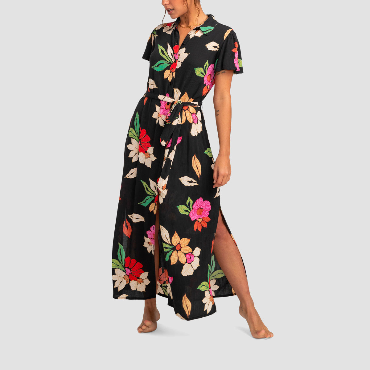 Billabong Sweet Day Maxi Shirt Dress Off Black - Womens