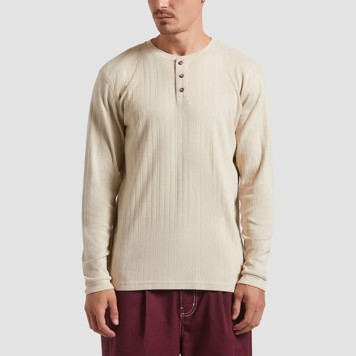 Brixton Vintage Ribbed Henley Longsleeve T-Shirt Beige