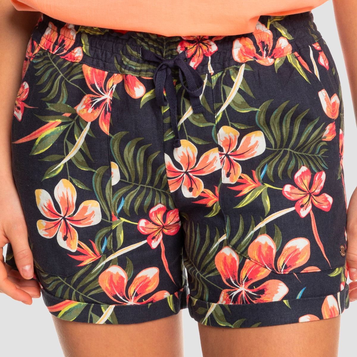 Roxy Another Kiss Printed Linen Shorts Mood Indigo Tropical Depth - Womens