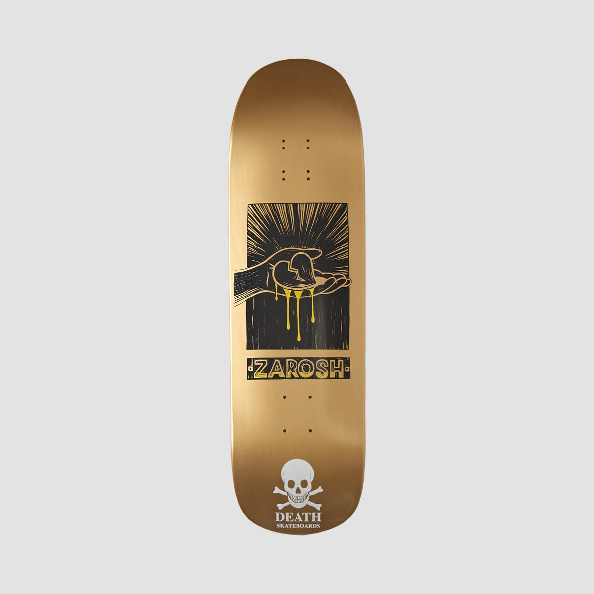 Death Zarosh Heart Hand Screened Pool Skateboard Deck Gold/White Skull - 9"