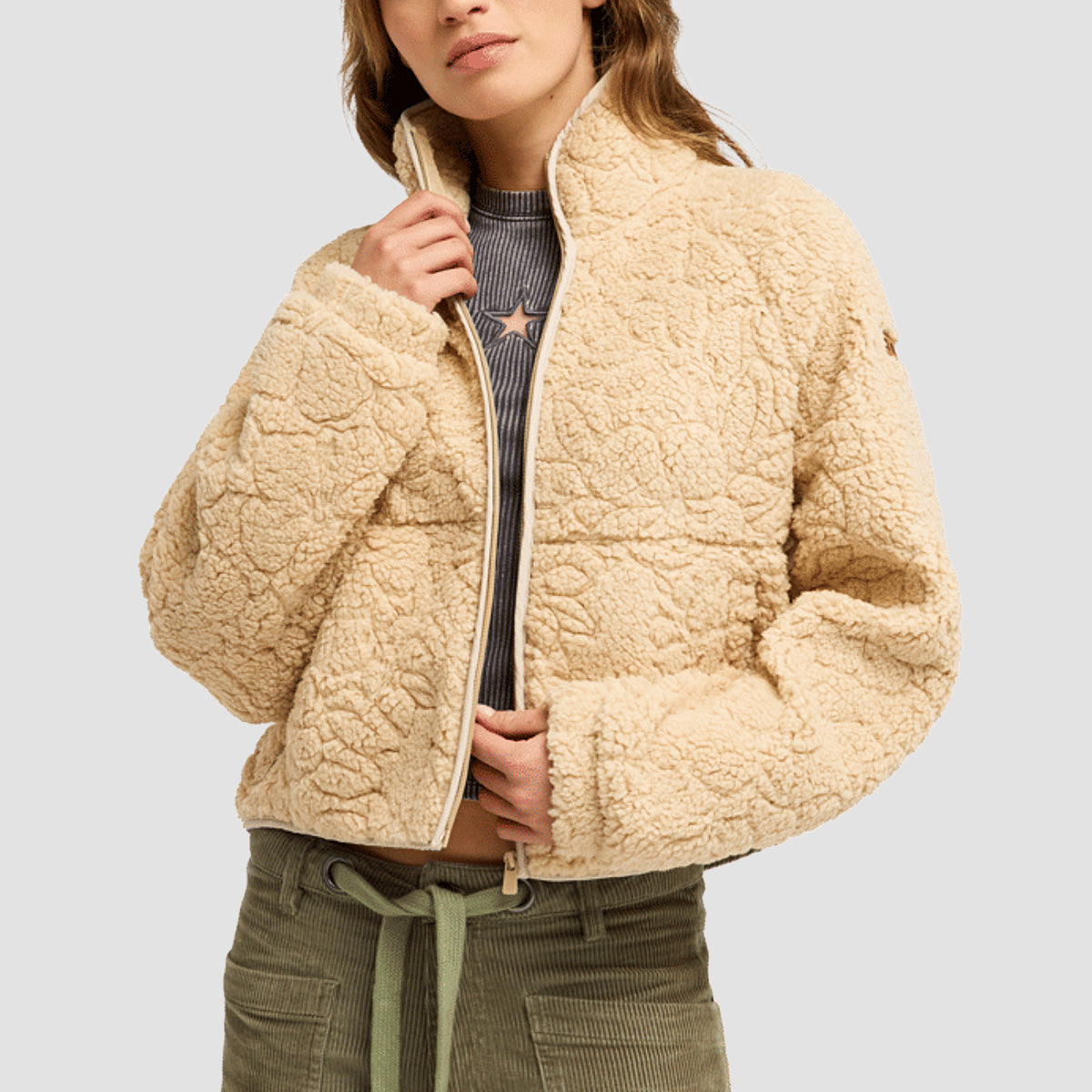 Roxy Blurry Cloud Sherpa Fleece Jacket Peeble Outline Mo - Womens