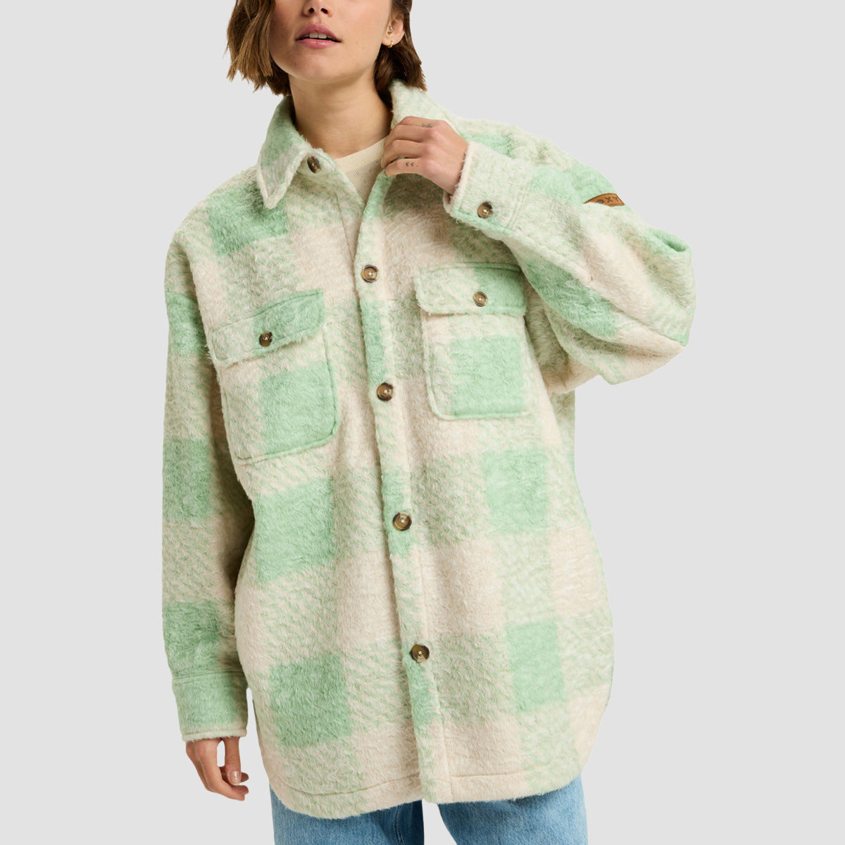 Roxy Over And Above Fleece Shirt Jacket Pistachio Be Bold Plaid - Womens