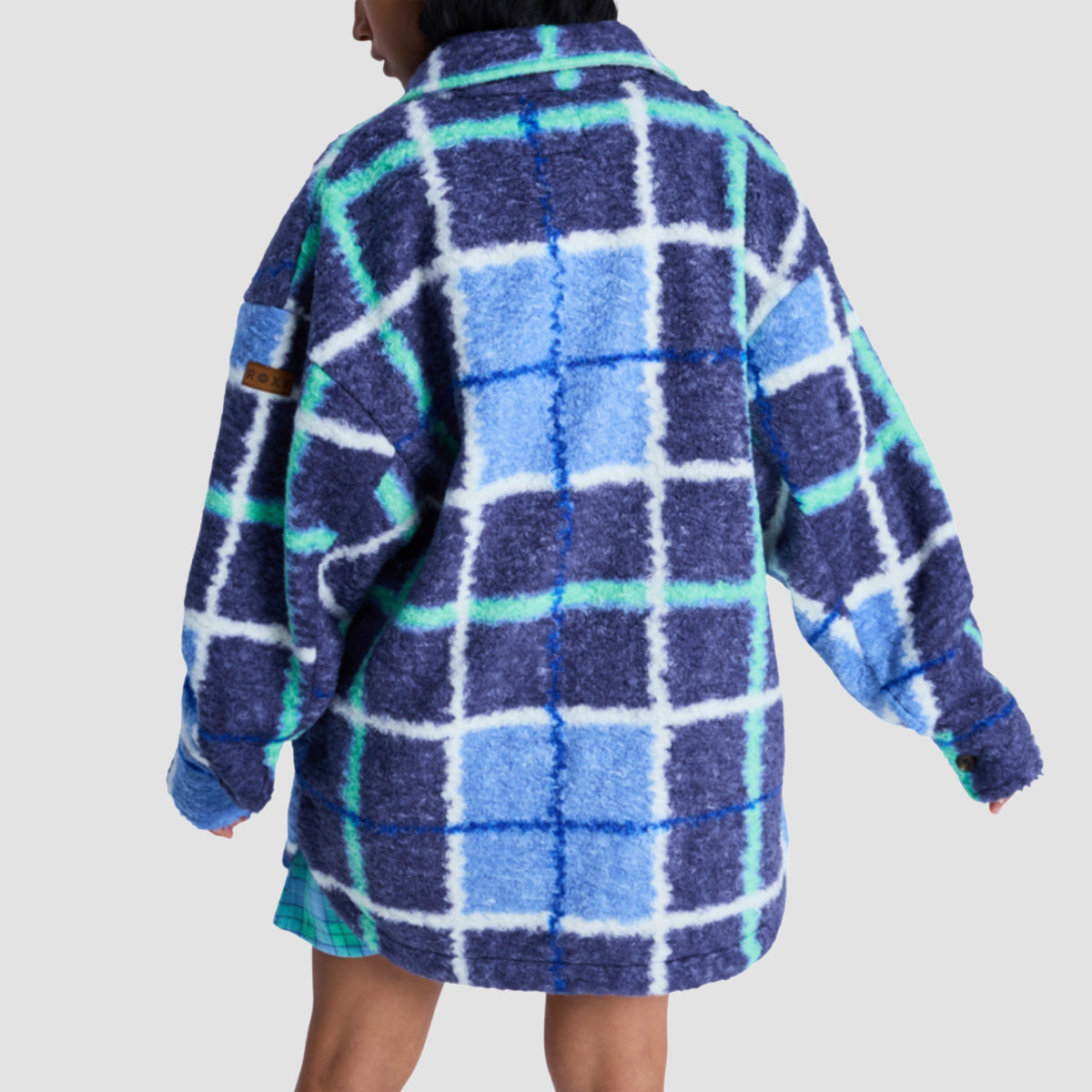 Roxy Over And Above Oversized Fleece Shirt Jacket Dutch Blue Plaid Fade - Womens