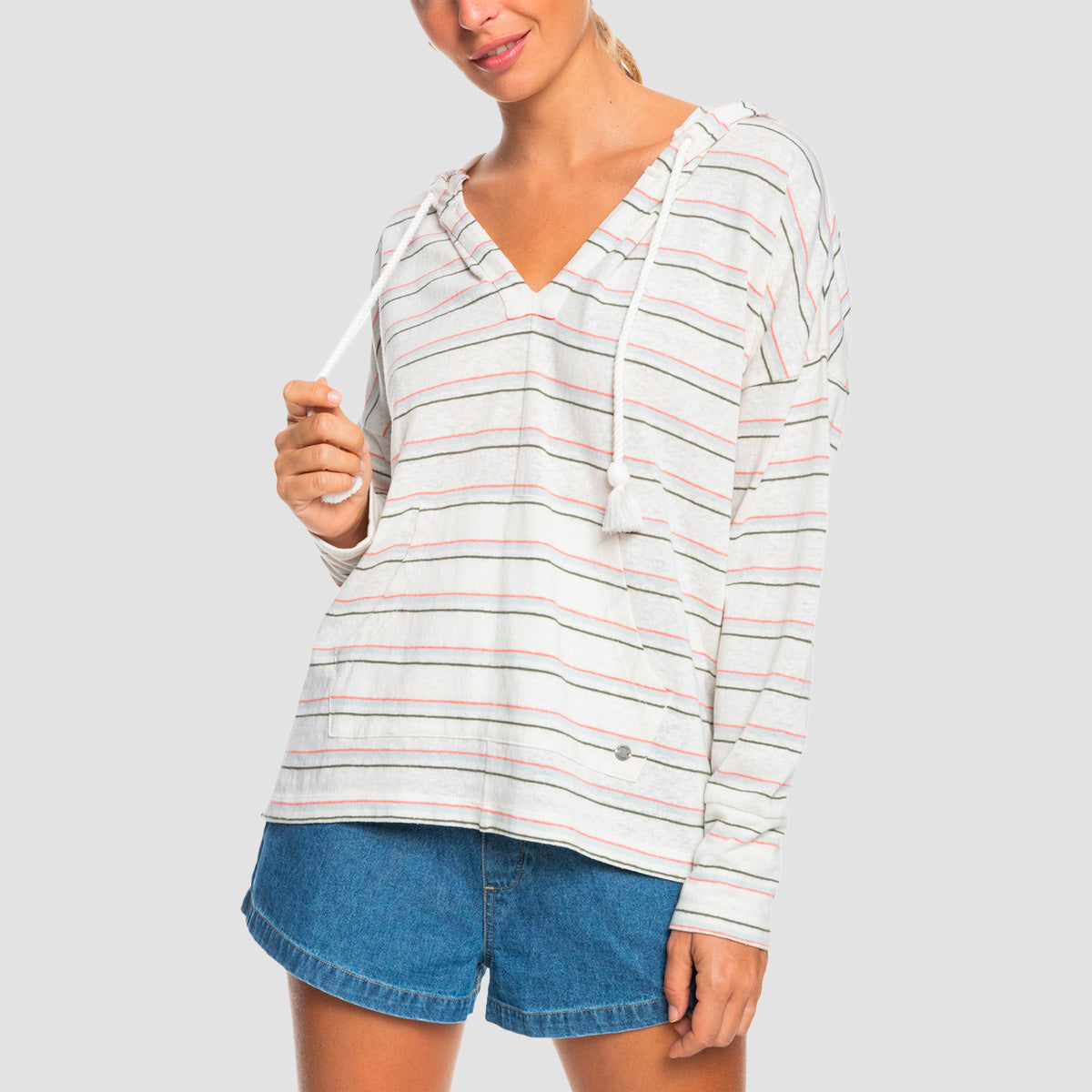 Roxy Paddle Out Stripe Pullover Hoodie Snow White Beach Bum - Womens