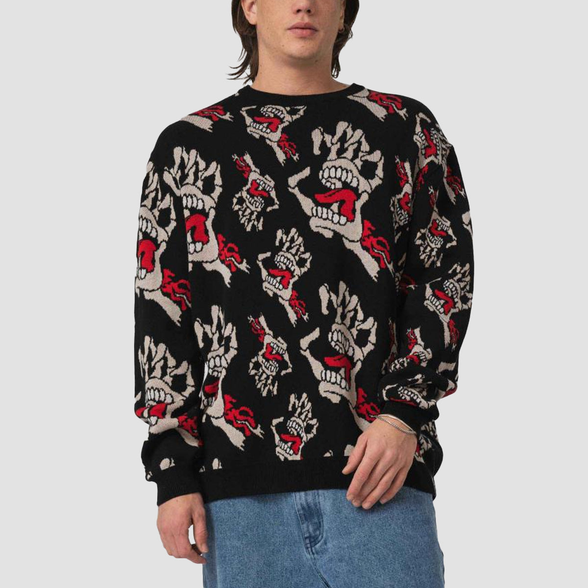 Santa Cruz Bone Hands All Over Knit Crew Sweater Black