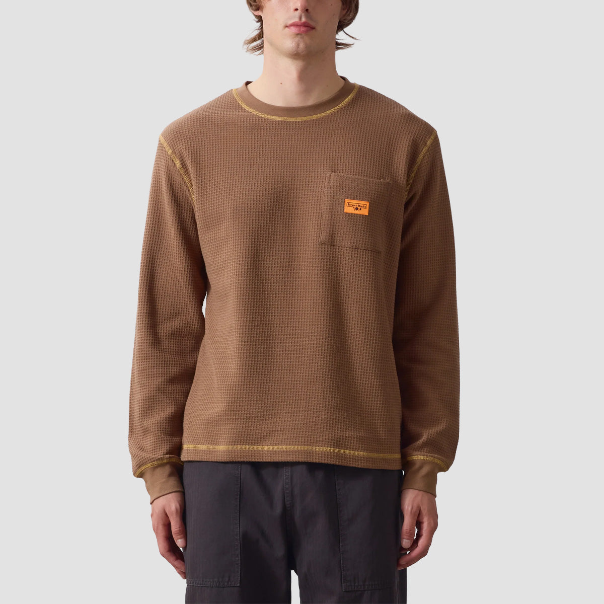 Service Works Waffle Contrast Thermal Longsleeve T-Shirt Brown/Yellow
