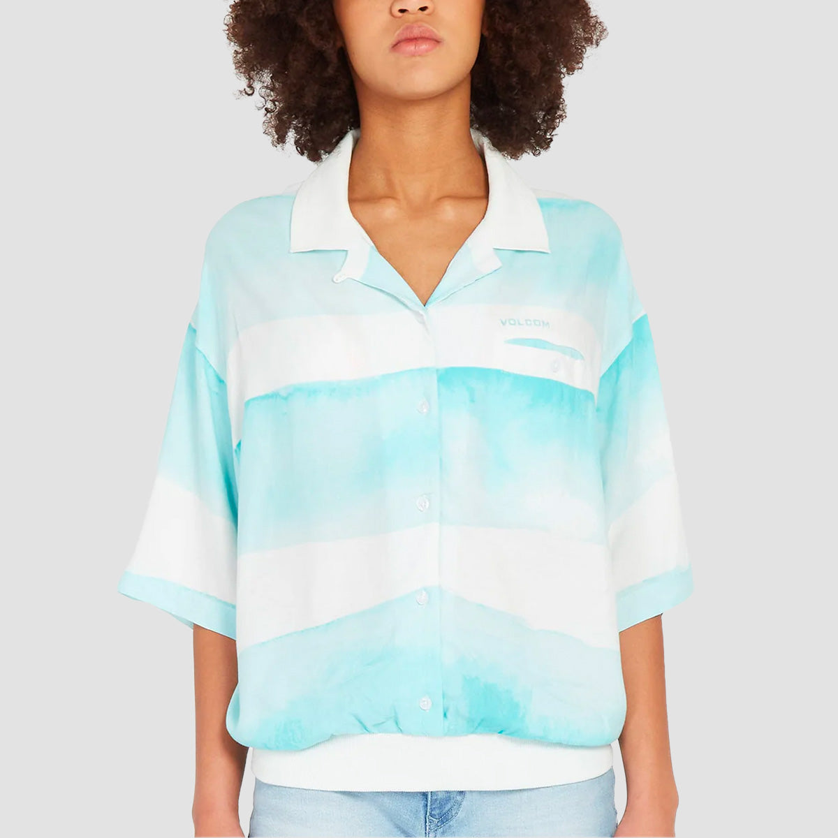 Volcom Stay Stripes Woven Short Sleeve Shirt Pale Aqua - Womens